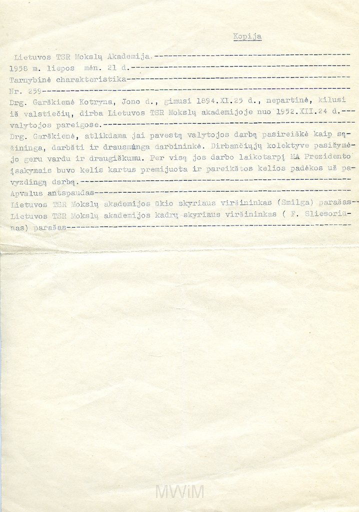 KKE 5739-1.jpg - (litewski-rosjski) Dok. Kopie. Referencji poprzedniego pracodawcy Akademi litewskiej dla Katarzyny Graszko, Wilno, 21 VII 1958 r./1958 r.